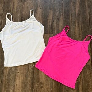 Women’s Set 2 Cotton Stretch Cami Tank Top White Hot Pink Adjustable Straps M